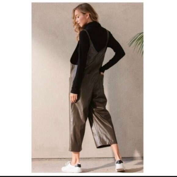 FAUX LEATHER OLIVE WIDE LEG JUMPSUIT-NEW - Picture 4 of 6